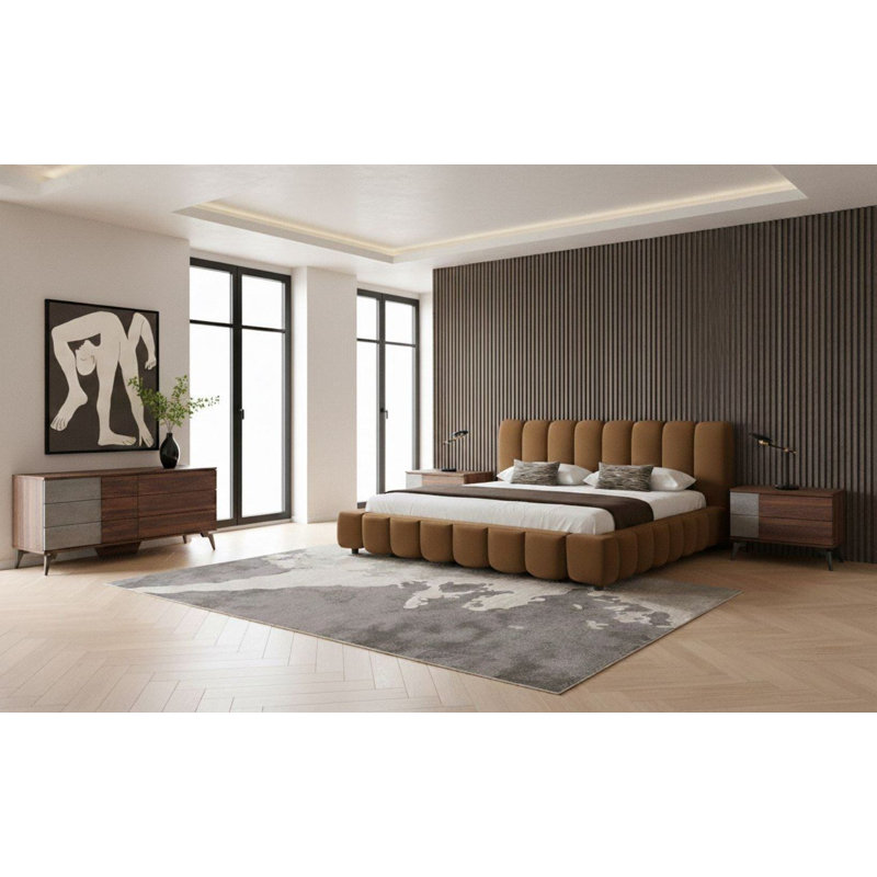 Ensemble de chambre à coucher 4 pièces Jared - Tissu brun moderne + faux béton et noyer, Grand lit