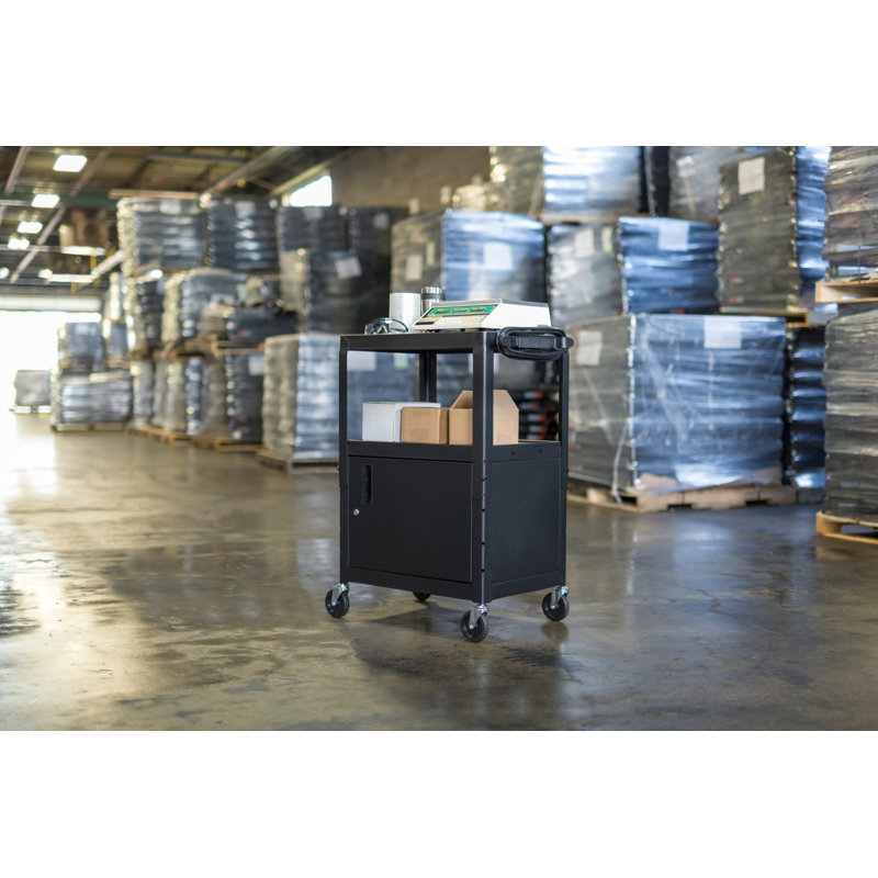 Adjustable Black Steel AV Utility Cart with Locking Cabinet