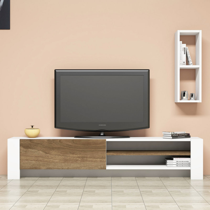 Modern Walnut TV Unit with Wall Shelf, 63.0 x 13.0 x 10.6 inches | 100% Melamine Coated Particle Board, Thickness: 0.7 inches | Multiple Shelves, Wall-Mountable, Stylish Storage Solution for Living Room