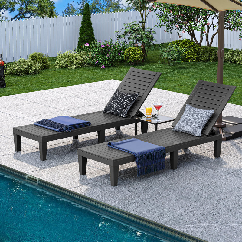 Alizay 74" Long Outdoor Resin Reclining Chaise Lounge, Black, 2