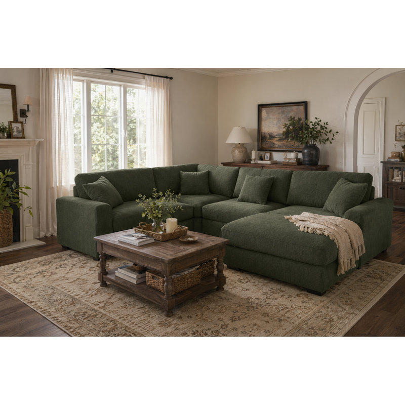 Canapé modulaire réversible 5 places rembourré, 36.2" H x 124.41" W x 86.61" D, Dark Green 100% Polyester