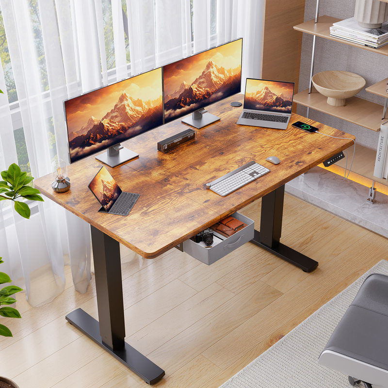 Electric Standing Desk Wide Desktop Height Adjustable Standing Desk With Drawer&Hooks, Brown, Black, 118" H x 140" W x 80" D