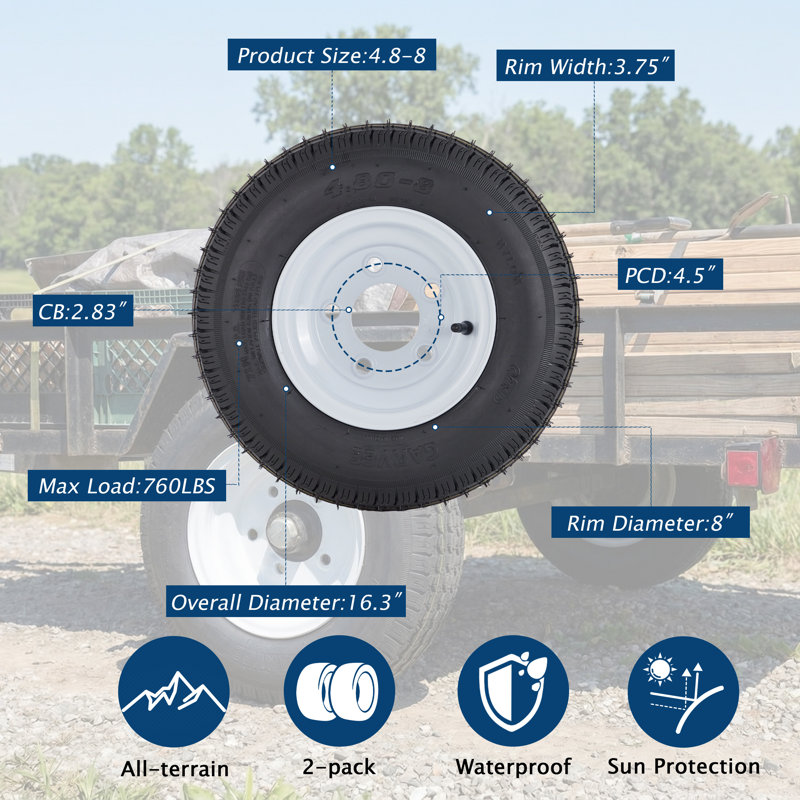 Lot de 2 pneus de remorque 4.80-8 (4.80x8 / 480-8 / 4.80-8) avec jantes de 8 pouces, 5 trous sur 4,5 pouces, indice de charge C, 6PR