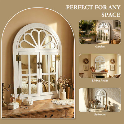 Arched Wooden Framed Wall Mirror With Opening Doors, Vintage Decorative Window Style Mirror