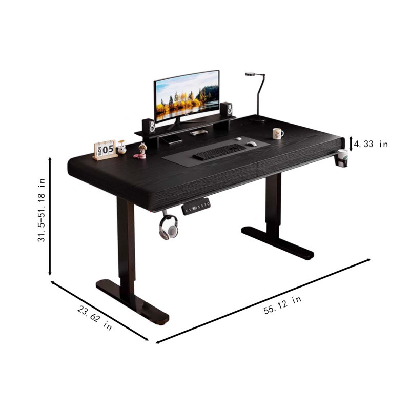 Bureau d'ordinateur noir à hauteur réglable, Noyer