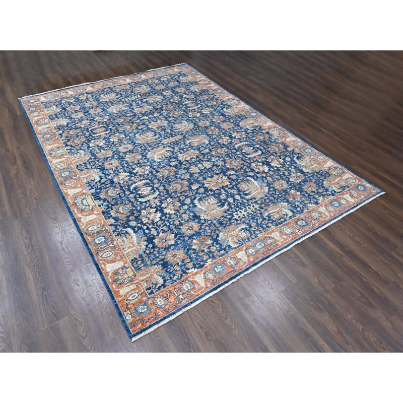 Tapis oriental bleu noué à la main 10 pi 3 po x 13 pi 10 po, motif persan antique noué à la main, teinture végétale, velours zéro, tondeuse basse