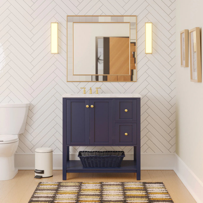 Binne 36'' Single Bathroom Vanity with Top, Royal Blue, Engineered Carrara