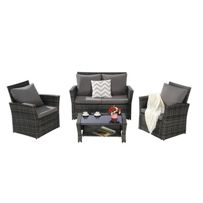 4 Pieces Outdoor Patio Furniture Sets Garden Rattan Chair Wicker Set, Poode Lawn Chairs With Tempered Glass Coffee Table Porch Furniture