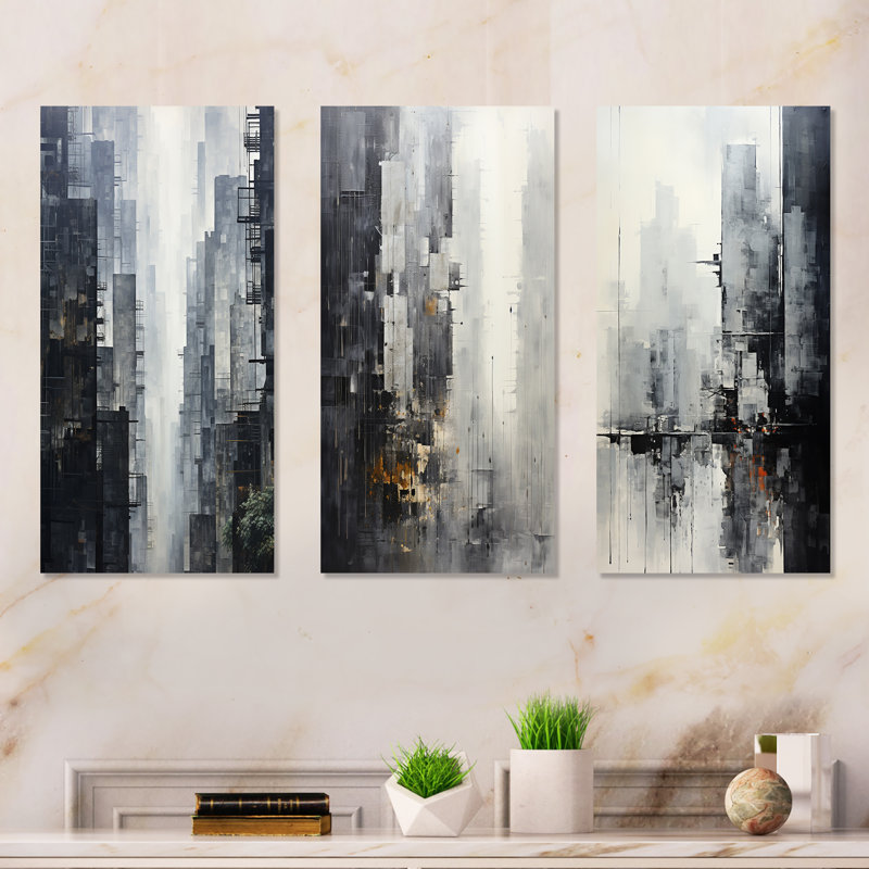 Horizon I - ensemble de 3 décorations murales en métal gris Skyline, H 28 po x l 36 po