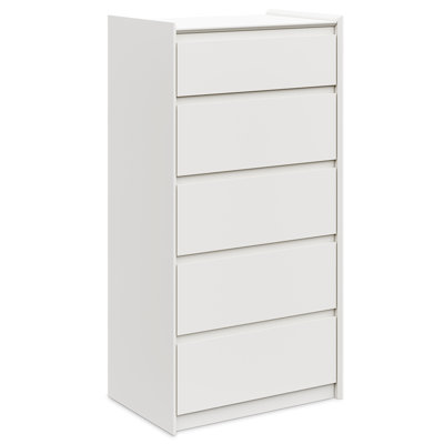Commode moderne à 5 tiroirs avec poignées cachées, finition blanche, conception peu encombrante
