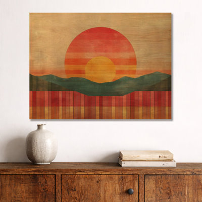 Coucher de soleil rayé des années 70 I - art mural en bois rétro