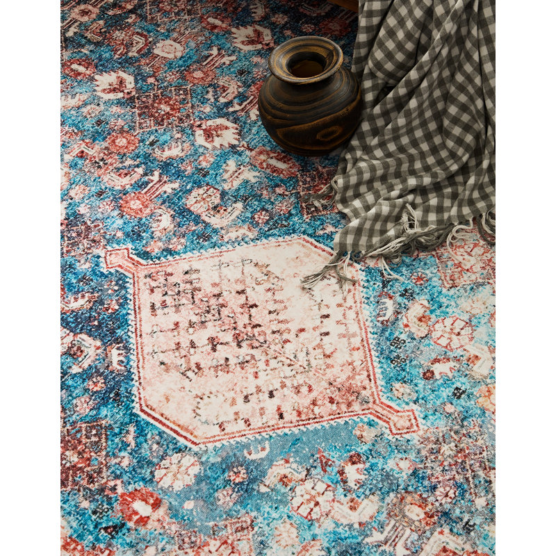 Aaruhi Machine Washable Oriental Red/Blue/White Area Rug, Rectangle 2' x 3'