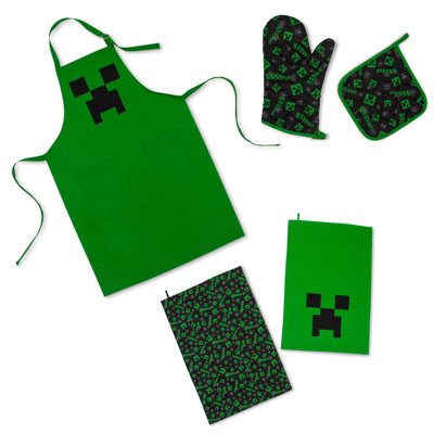 Ensemble de cuisine Minecraft Green Creeper | Tablier, gant de cuisine, torchons, support à casserole