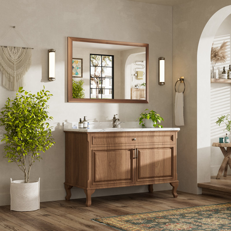 Miroirs de salle de bain modernes et contemporains en métal biseauté rectangulaire / carré avec verre trempé HD, Bois brun