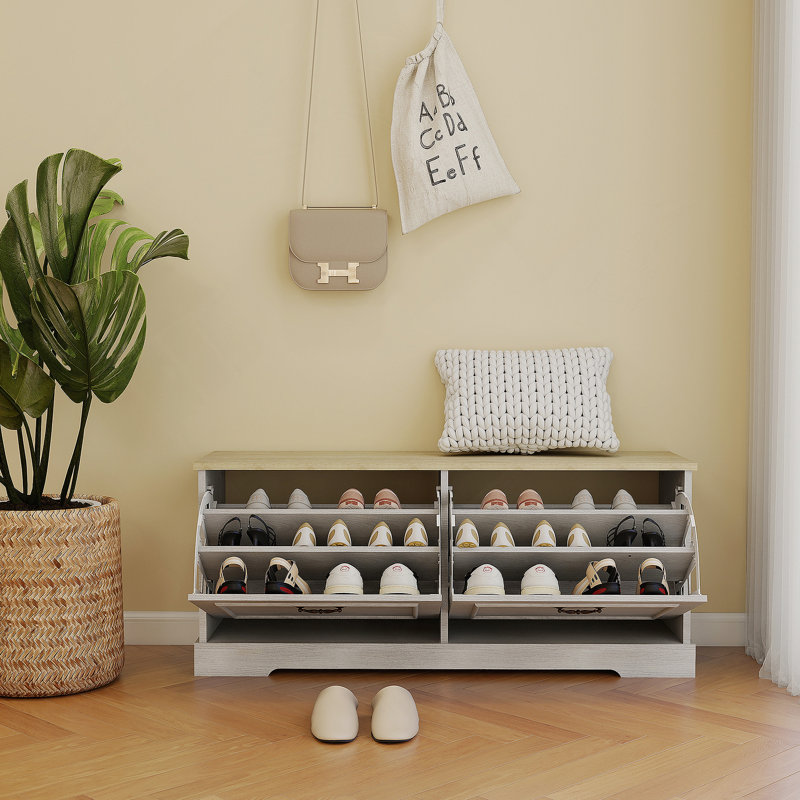Banc de rangement pour chaussures avec 2 tiroirs rabattables et tablette réglable pour le vestibule, le couloir, la chambre à coucher - blanc antique