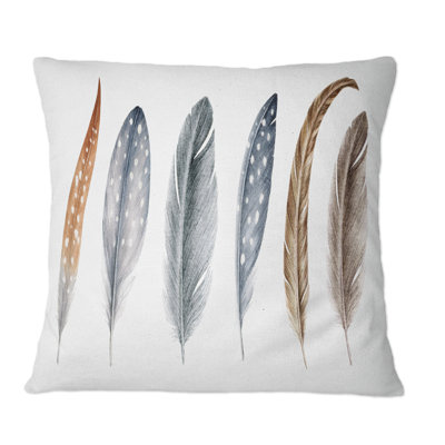 Grey Boho Polka Dot Feathers I - Bohemian & Eclectic Printed Throw Pillow