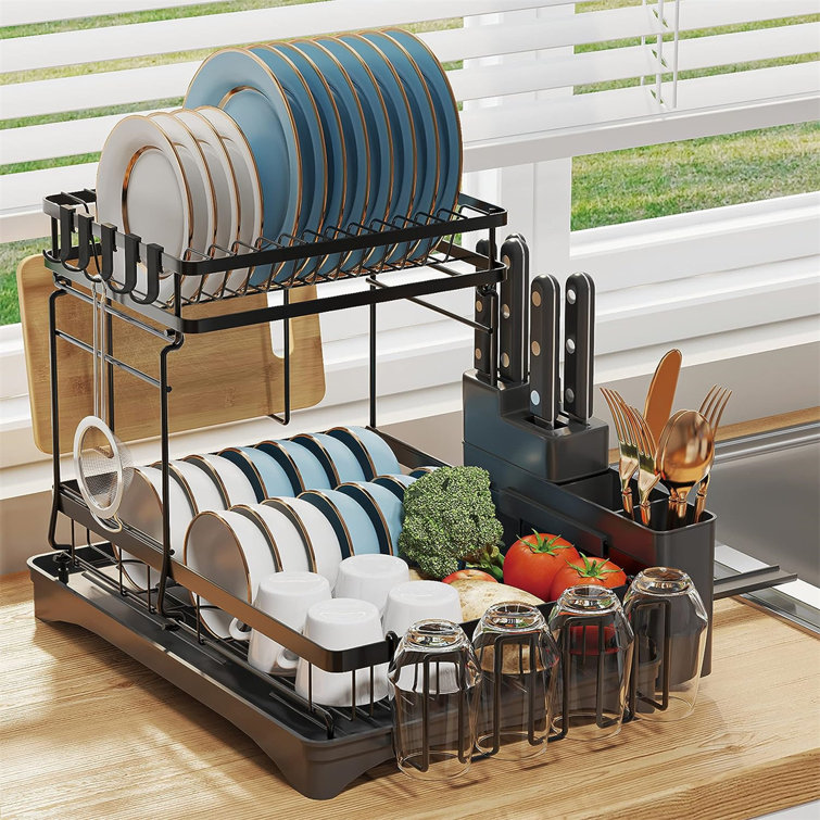 Wall Mounted Dish Drainer, Hanging Kitchen Dish Drying Rack, Modern Design  Large Capacity 2 Tier Dish Rack Made of Durable Stainless Steel with