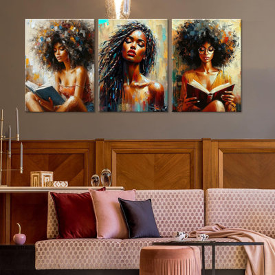 Ensemble de 3 reproductions d'art sur toile encadrées de femmes afro-américaines abstraites encadrées, bohème noire aux accents floraux, affiche inspirante et tendance pour le salon, la chambre à coucher, le bureau, 16 x 24 po