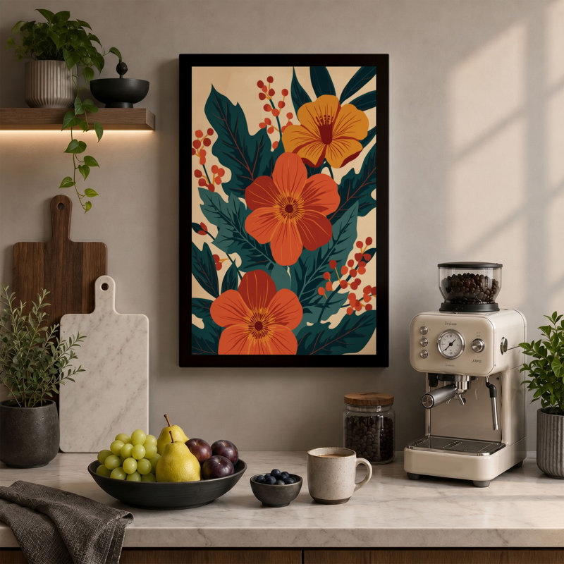 Orange Blooms & Teal Art Deco - Wrapped Canvas, 18x12 - 45.7 x 30.5 cm, White Border