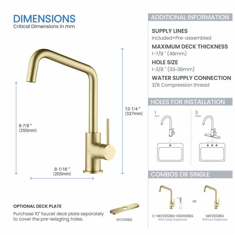 KIBI Macon Kitchen Faucet, Brush Gold