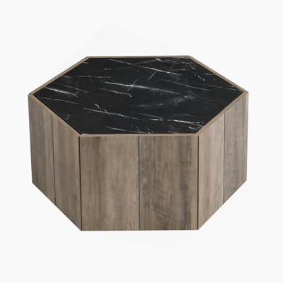 Hexagonal Rustic Retro Wood Coffee Table With Hidden Storage And Marble Top, Ideal For Living Room And Reception Areas
