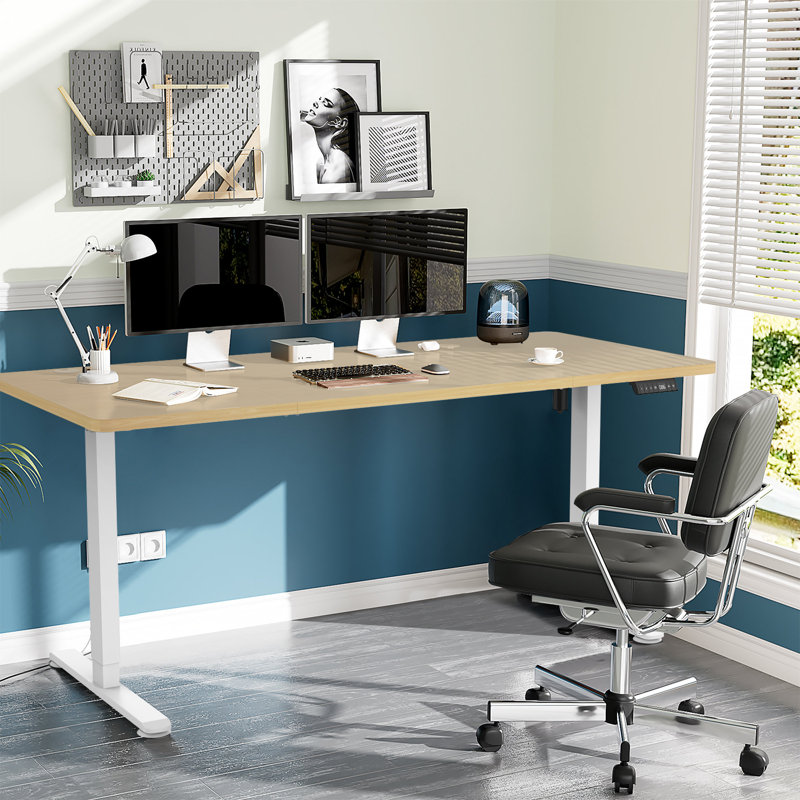 Height Adjustable T-Shaped Computer Desk 180 x 80cm Electric Standing Desk with USB Charging, Beige, White