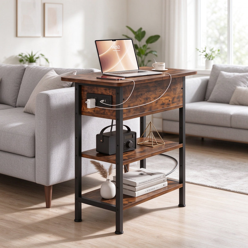 Table d'appoint de 61 cm de haut avec station de recharge intégrée, rangement dissimulé sous un couvercle rabattable et étagères ouvertes à 2 niveaux.