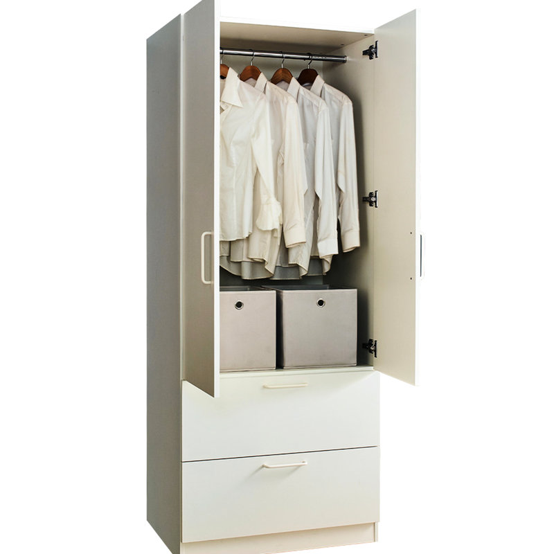 Armoire blanche à deux portes en bois massif avec deux tiroirs et barres de suspension - Option de fermeture en douceur, potentiel de rangement profond, finition eau et chaleur, conception à égratignure, panneau de classement E0, 2 fois plus épais, fabriqué en