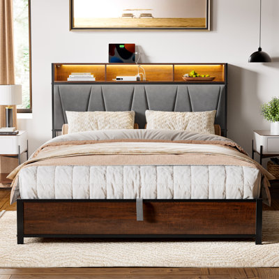Antioch Lift Up Storage Bed Frame with LED Light & Outlet, Upholstered Bed with Storage Headboard