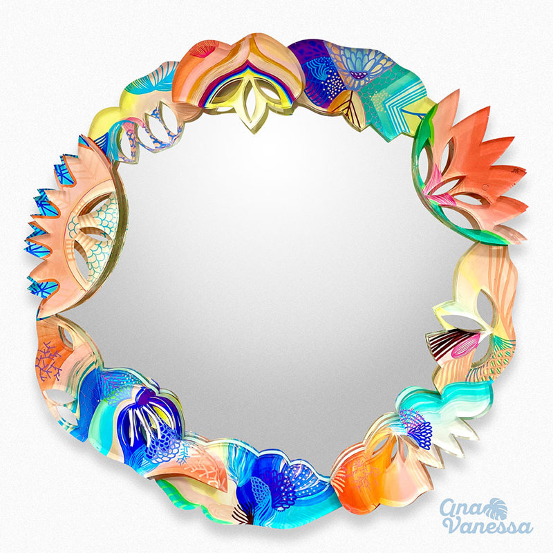 Miroir d'appoint tropical, Effet de verre multicolore, H 26,77 po x l 26,77 po