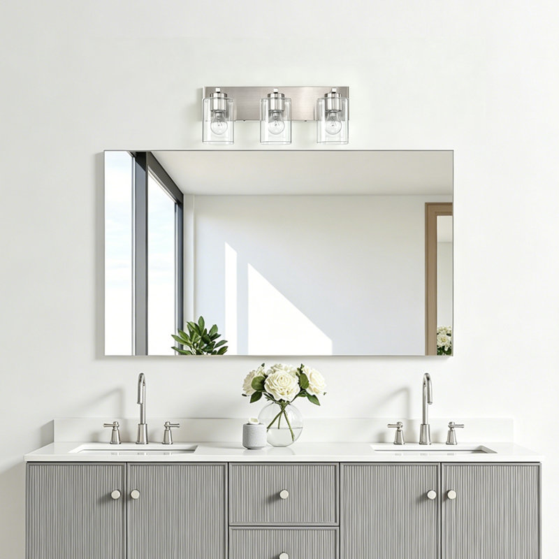 3-Light 18.5 in. Brushed Nickel Vanity Light with Clear Square Glass Shades, Brushed Nickel, 3 Lights