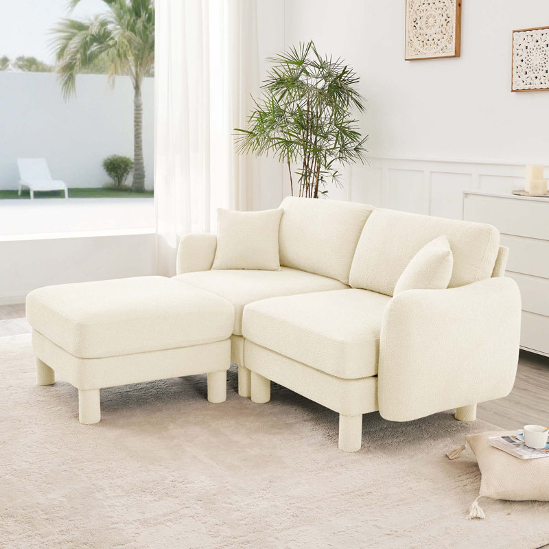 Canapé modulaire à 2 places en tissu Boucle avec accoudoirs en forme de coquillage, repose-pieds amovible et pieds cylindriques pour un confort moderne