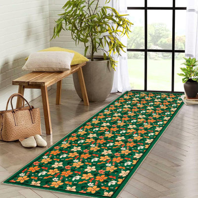 2x6 Washable Boho Floral Runner, Non-Slip, Low Pile, Soft Throw Rug for Entryway, Kitchen, Kids Room, Green, Small Machine Washable.