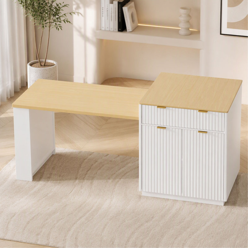 Îlot de cuisine cannelé K&K de 210 cm avec table à manger extensible pour 4 à 6 personnes, table d'îlot avec prise électrique, table de cuisine avec rangement double face, 2 tiroirs et 2 étagères latérales ouvertes.