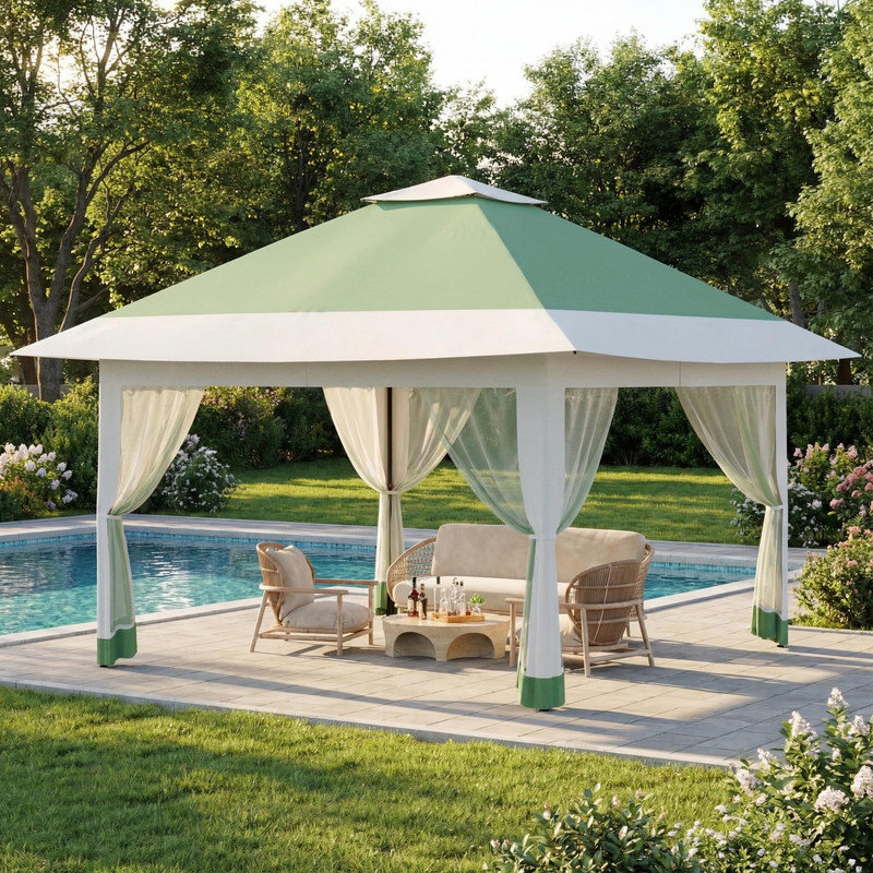 4m x 4m Pop Up Gazebo with Mosquito Net, Waterproof Double Roof Garden Shelter with Carry Bag, Green