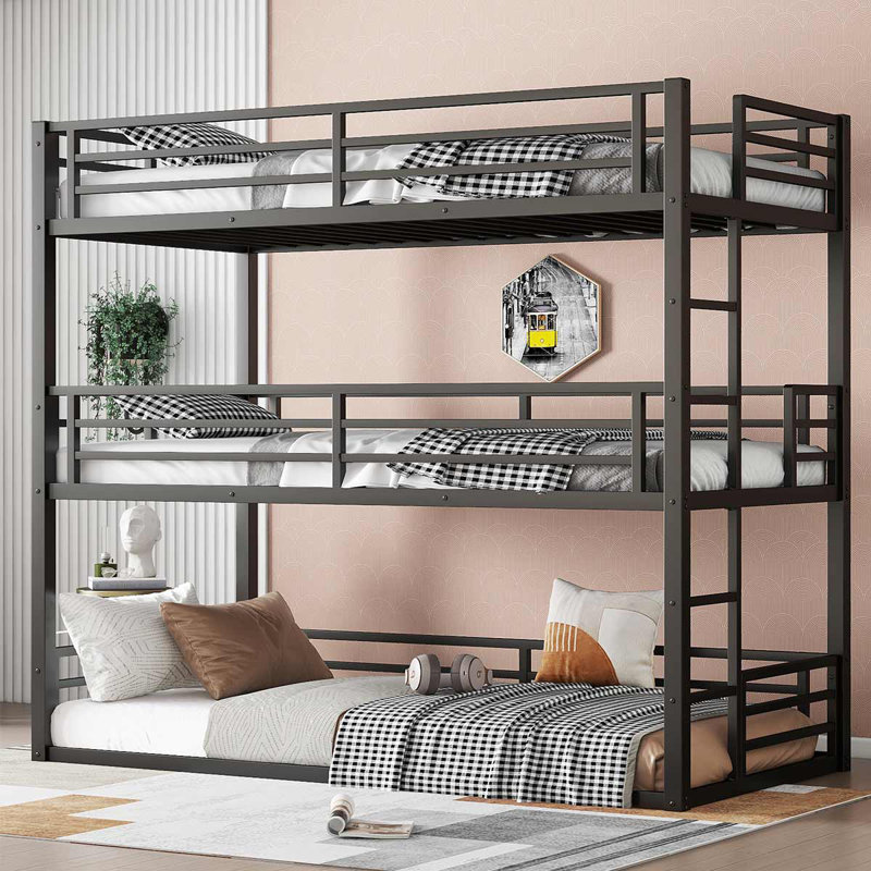 Lit superposé triple robuste en métal avec garde-corps de sécurité pour les adolescents, Noir