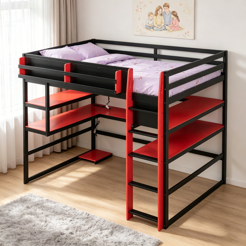 Lit mezzanine en bois pleine grandeur avec bureau, rangement latéral, tablettes à plusieurs rangements et lumière RVB pour jouer et étudier