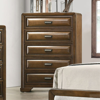 Transitional Style Chest 1Pc English Dovetail Drawers Center Metal Glides Cup Handles Bracket Legs Brown Finish Bedroom Furniture