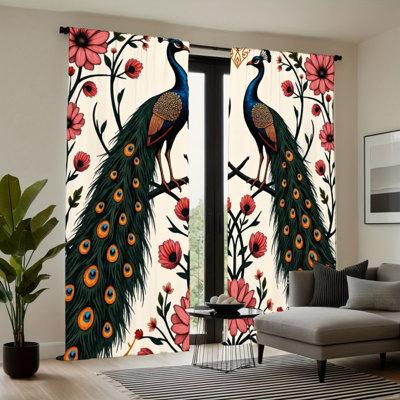 2Pcs Elegant Peacock Flower Curtains, Vintage Bird Floral Design, Rod Pocket Light Filtering, Unique Artistic Style, All-Season For Living Room Bedroom Study Window Decor