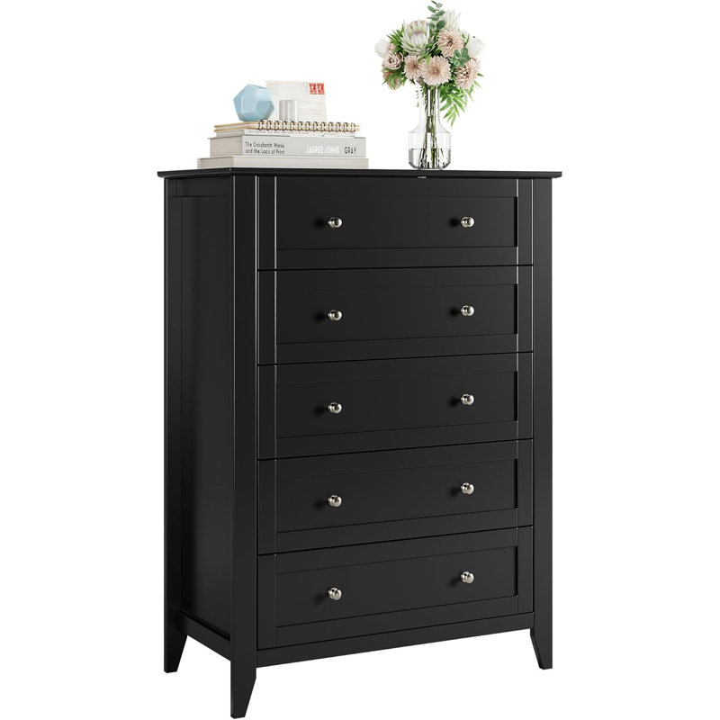 5-Drawer Tall Wooden Dresser with Deep Drawers & Knobs, ‎Black/Sliver