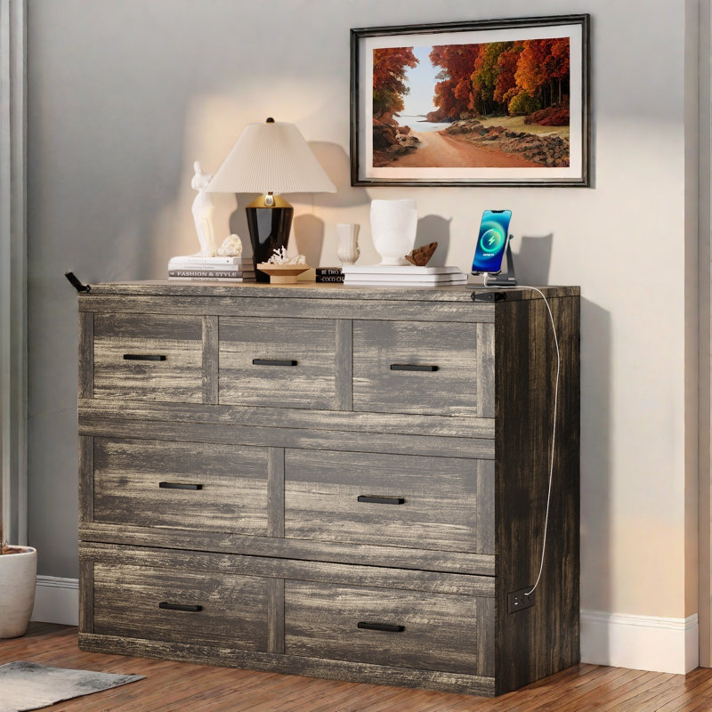 Lit escamotable multifonctionnel pliable avec station de charge et 1 grand tiroir de rangement, Gris rustique, Double