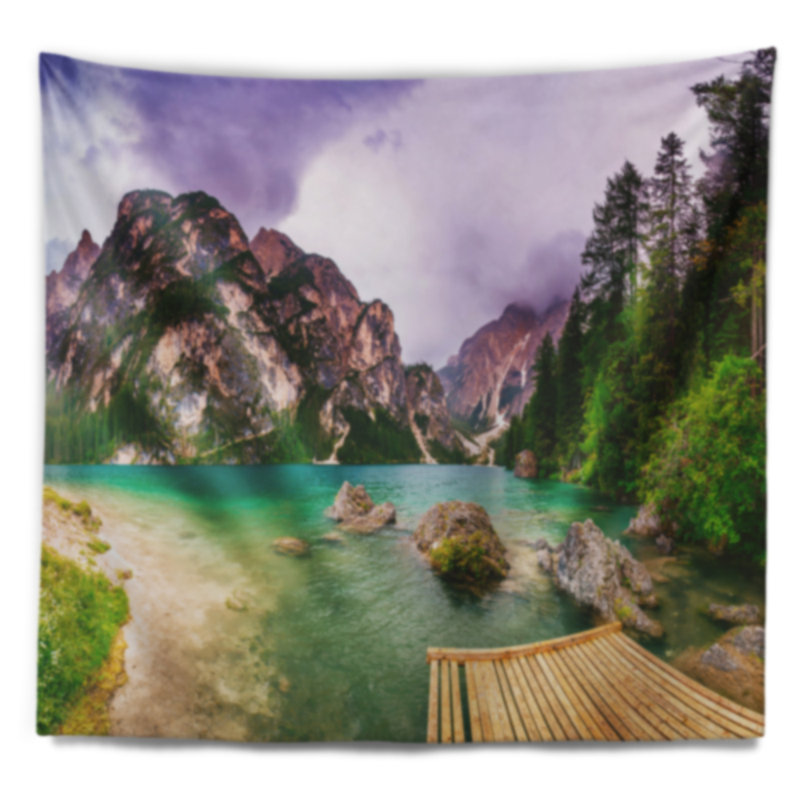 Paysage, montagne, lac, entre les montagnes, tapisserie, H 78 po x l 92 po