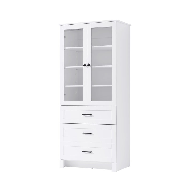 28 Inch Bath Storage Glass Cabinet  in White, White, 65" H x 28" W x 65" D