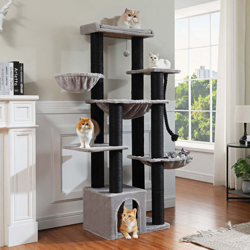 Tour pour chat 67 grands chats d'intérieur pour adultes avec 7 poteaux à griffer épais, condo à plusieurs niveaux, grand perchoir et hamacs