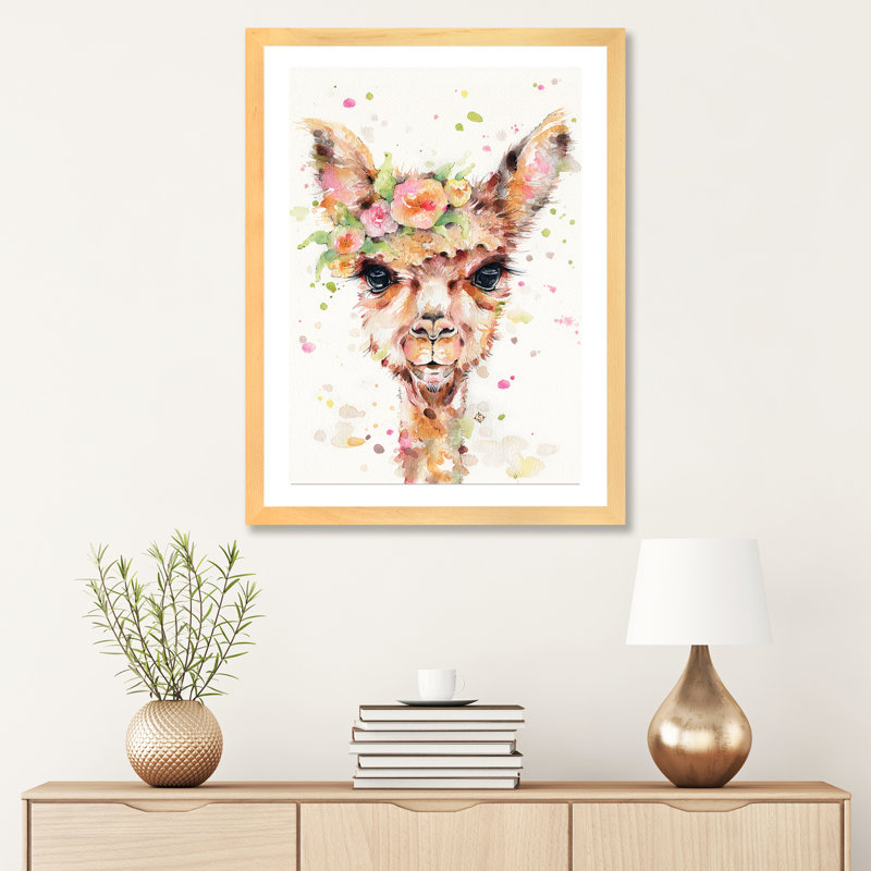 «Little Llama» par Sillier Than Sally - reproduction d'art, Blanc, H 32 po x l 24 po x P 1 po, Papier avec cadre beige