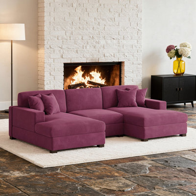 3 - Piece Upholstered Purple Corduroy Modular Sectional Sofa With Pillow Back And Solid Wood Legs