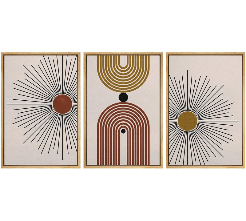 Linear Geometry " Brown And Yellow Shining Sun And Polygons Abstract Shapes Illustrations Modern Art Boho Colourful " 3 - Pieces
