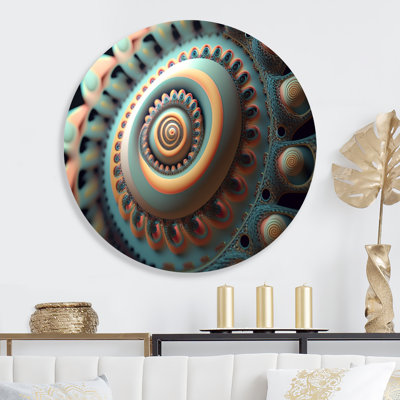 Or et turquoise spirale fractale III - Art abstrait géométrique rond sur métal