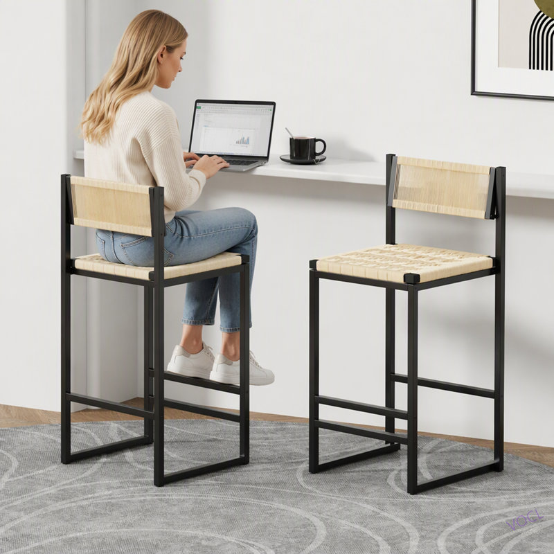 Ensemble de 2 tabourets de bar tissés avec dossier en corde de papier tissé pour îlot de cuisine, Blanc crémeux