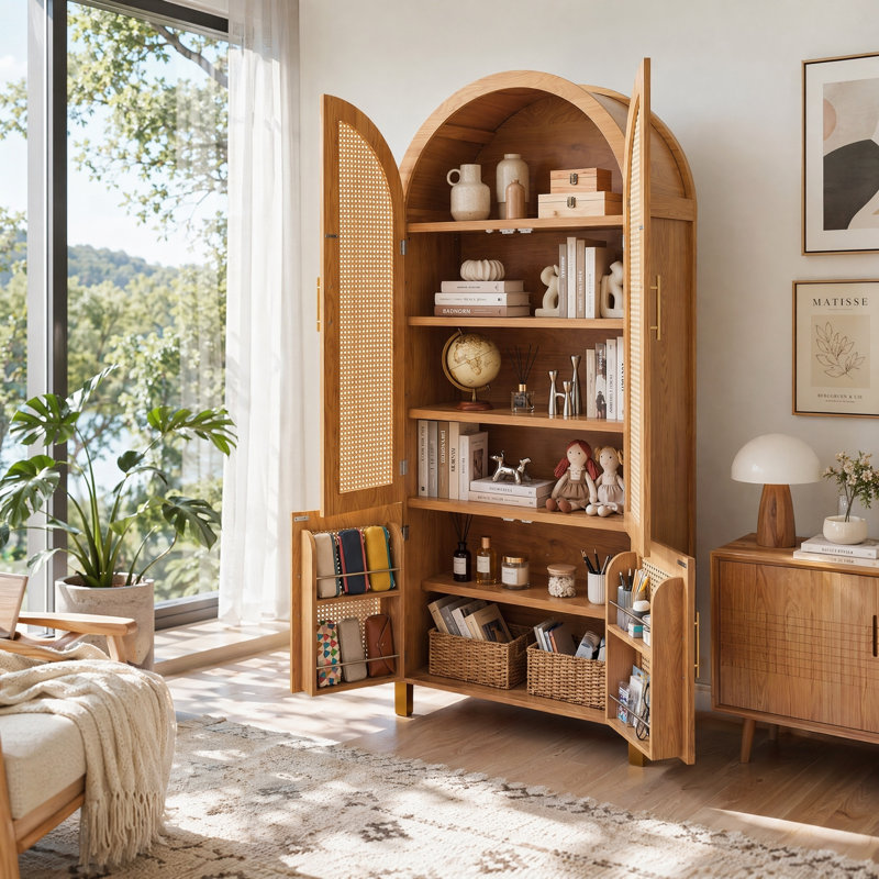 Armoire haute cintrée UNABO avec portes en rotin et étagères réglables, armoire de rangement à 4 portes, Chêne